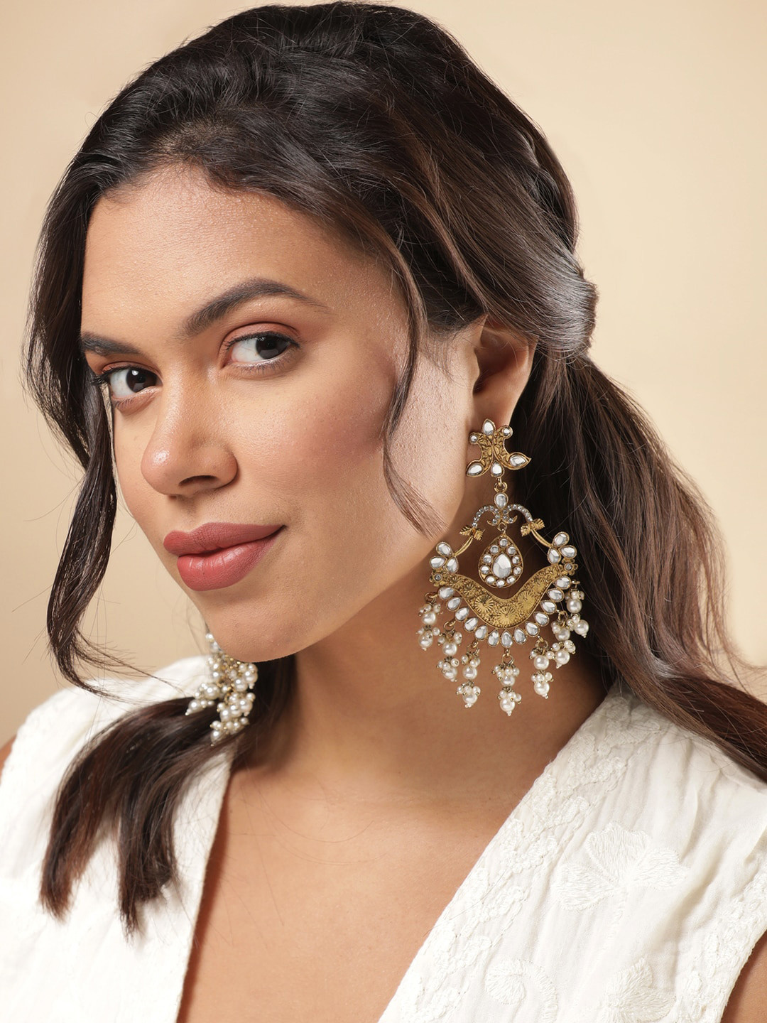 

Rubans 18K Gold Plated Kundan Studded with White Pearls Chandbali Big Earrings