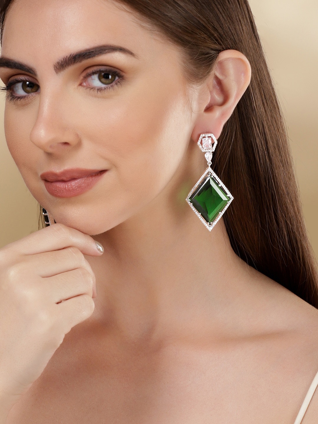 

Rubans Rhodium Plated Emerald Zirconia Studded in Diamond Shape Drop Earrings, Silver