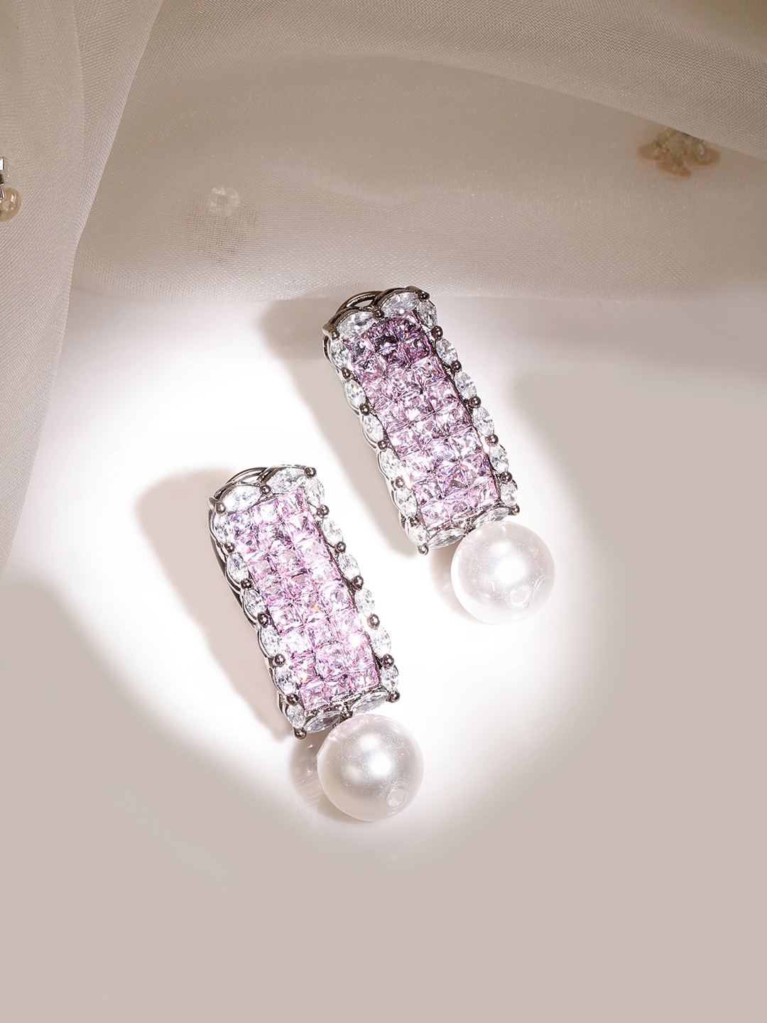 

Rhodium Plated Pink Cubic Zirconia Studded with Pearl Drops Earrings, Silver
