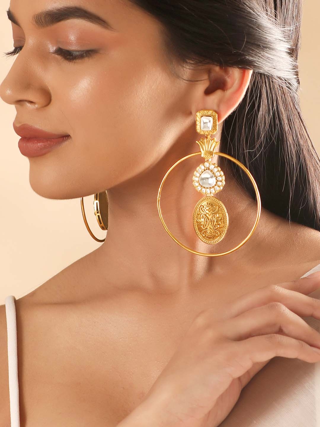 

Rubans Gold-Plated Geometric Zircon Studded Drop Earrings