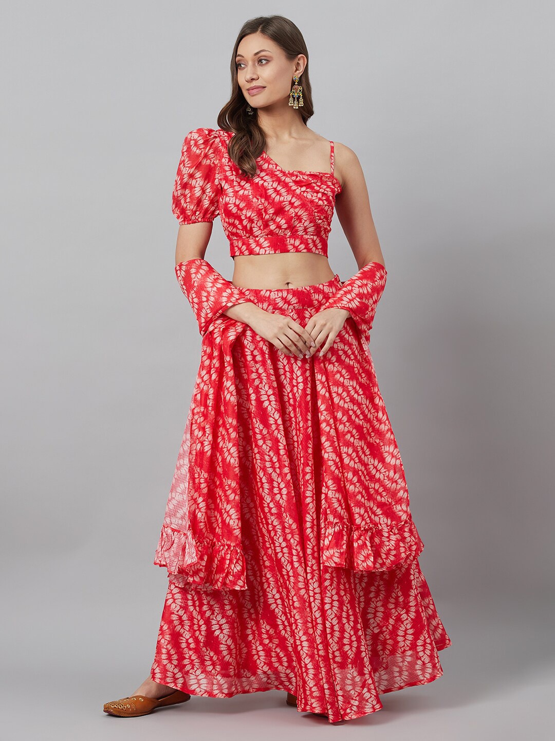 

AKS Printed One Shoulder Ready To Wear Lehenga & Blouse With Dupatta, Red