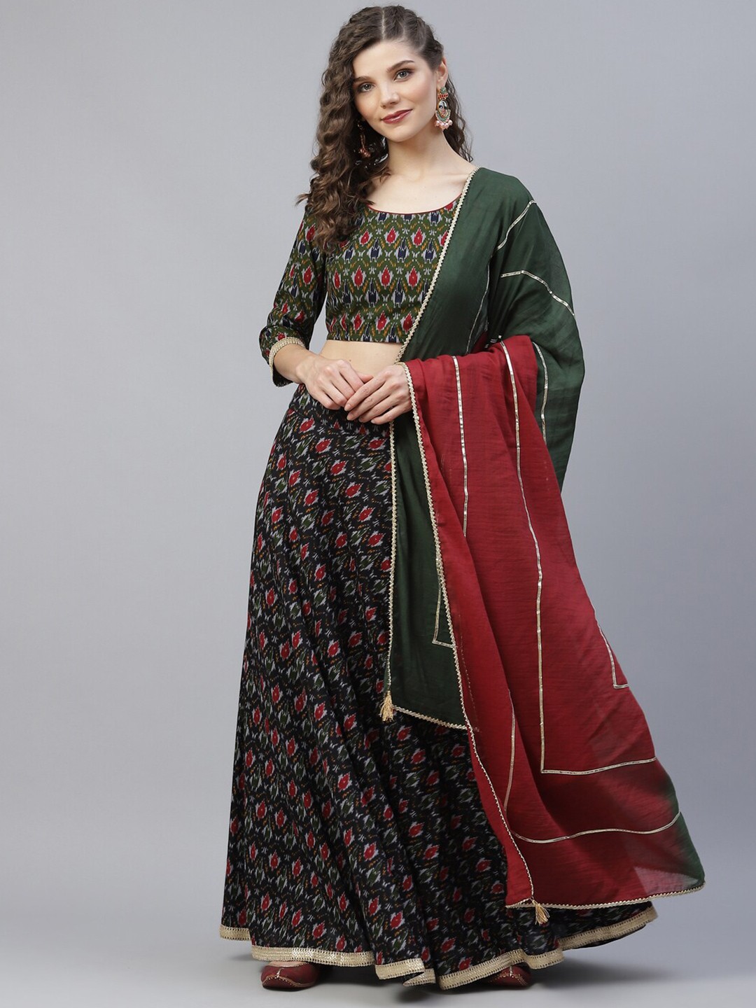

AKS Printed Ready To Wear Cotton Lehenga & Blouse With Dupatta, Green