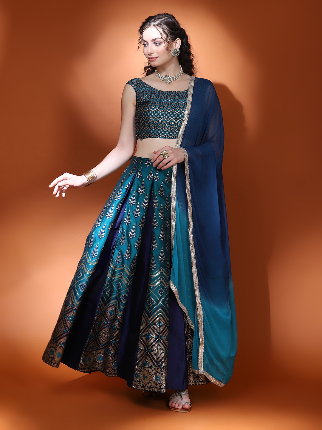 

AKS Woven Design Ready To Wear Lehenga & Blouse With Dupatta, Blue