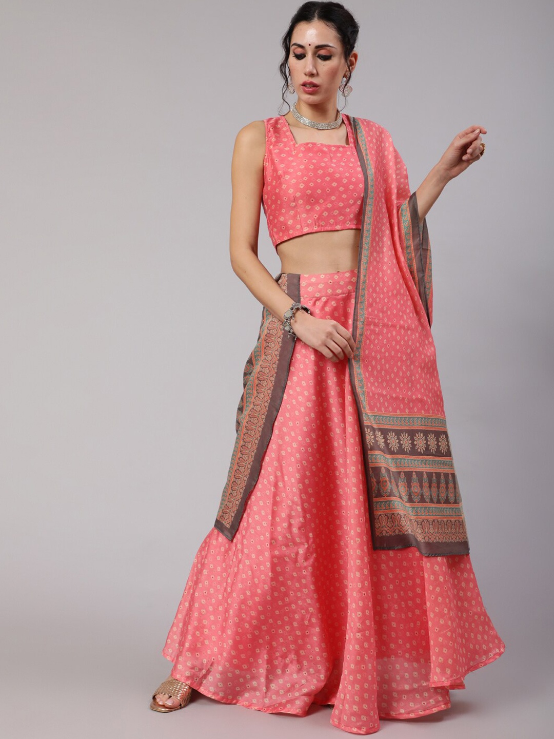 

AKS Printed Ready To Wear Lehenga & Blouse With Dupatta, Pink