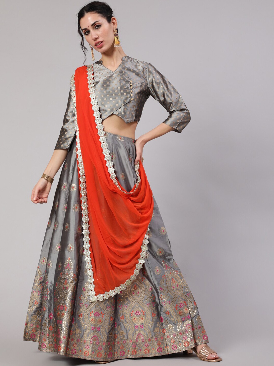 

AKS Ready To Wear Lehenga & Blouse With Dupatta, Grey