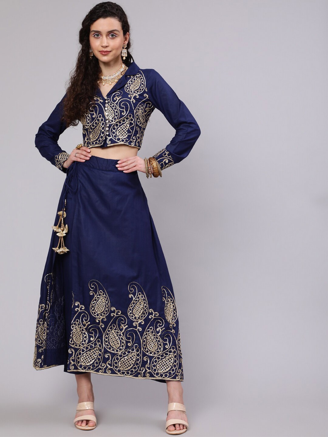 

AKS Navy Embroidered Thread Work Ready To Wear Lehenga With Blouse, Navy blue