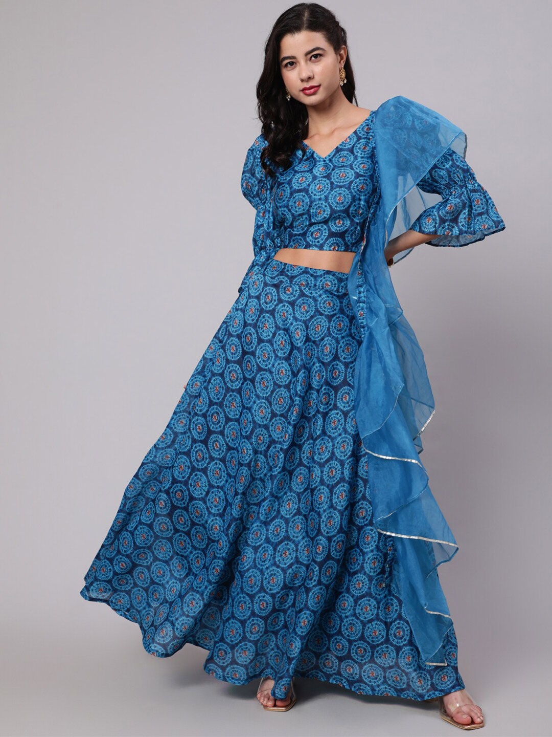 

AKS Printed V-Neck Puffed Sleeves Ready to Wear Lehenga & Blouse With Dupatta, Blue