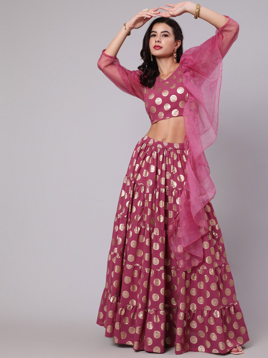 

AKS Printed V-Neck Puffed Sleeves Ready to Wear Lehenga & Blouse With Dupatta, Magenta