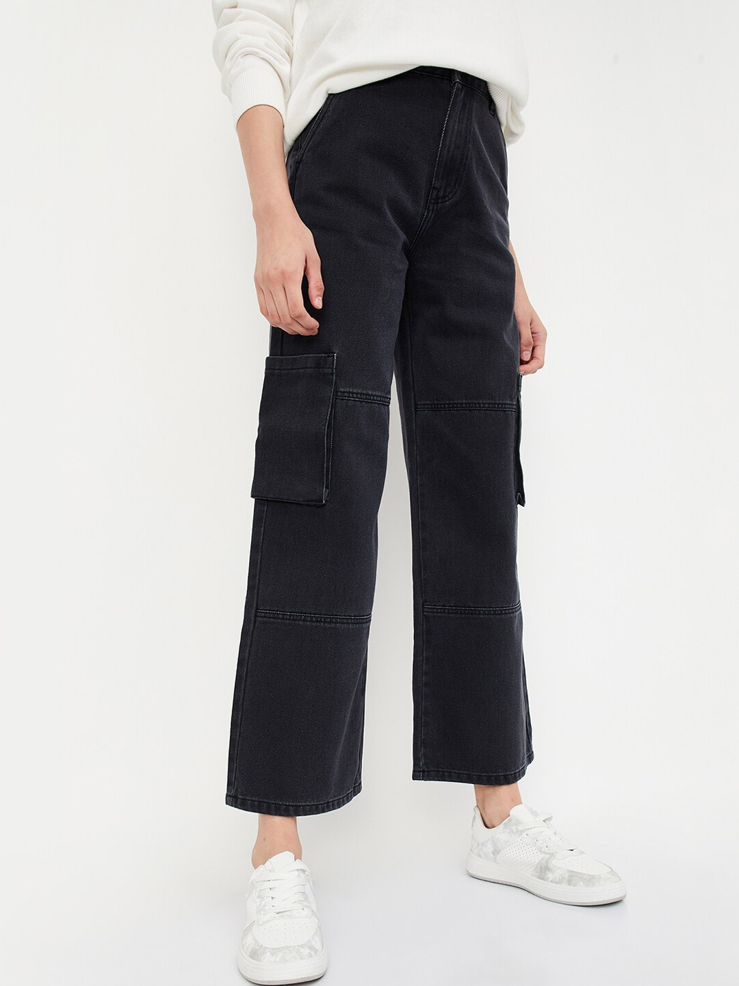 

max Women Clean Look Wide Leg Pure Cotton Jeans, Black