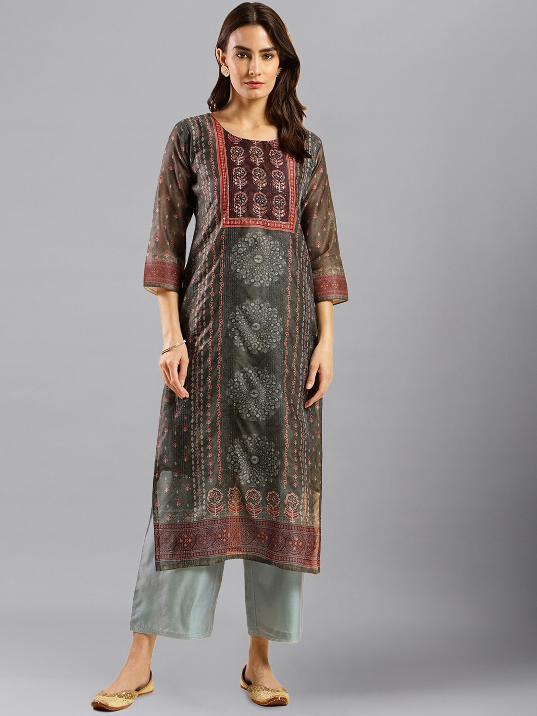 

HERE&NOW Ethnic Motifs Printed Sequinned Kurta, Olive
