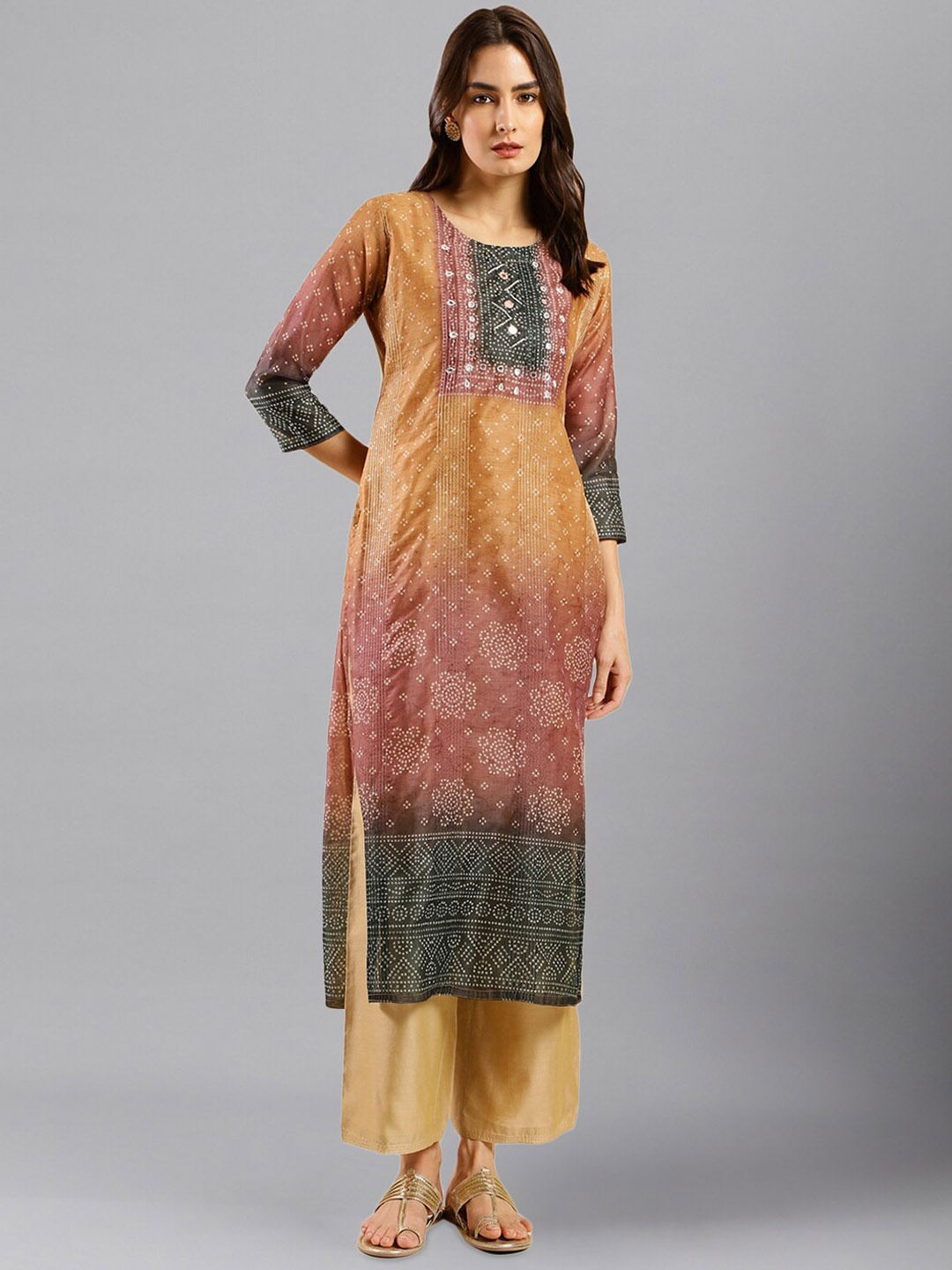 

HERE&NOW Bandhani Printed Mirror Work Kurta, Orange