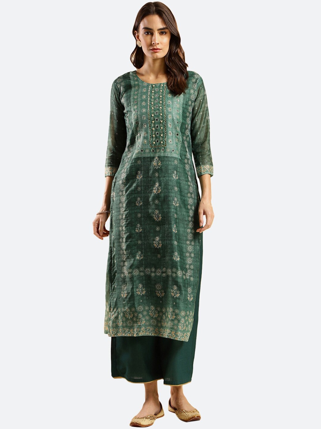 

KALINI Ethnic Motifs Embroidered Round Neck Mirror Work Regular Kurta, Sea green