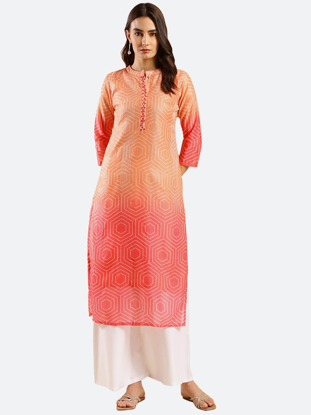 

KALINI Geometric Printed A-line Kurta, Peach