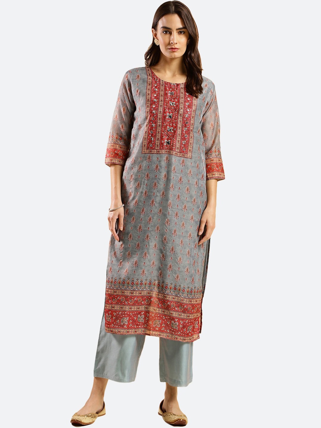 

KALINI Floral Printed Yoke Design Round Neck Straight Kurta, Grey