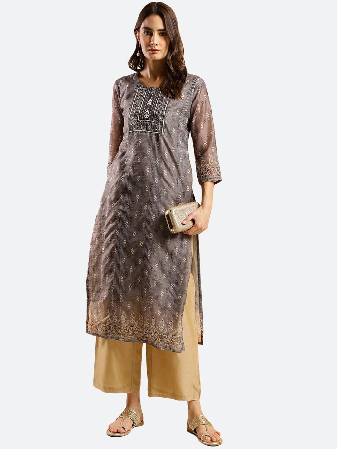 

KALINI Ethnic Motifs Printed Straight Kurta, Grey