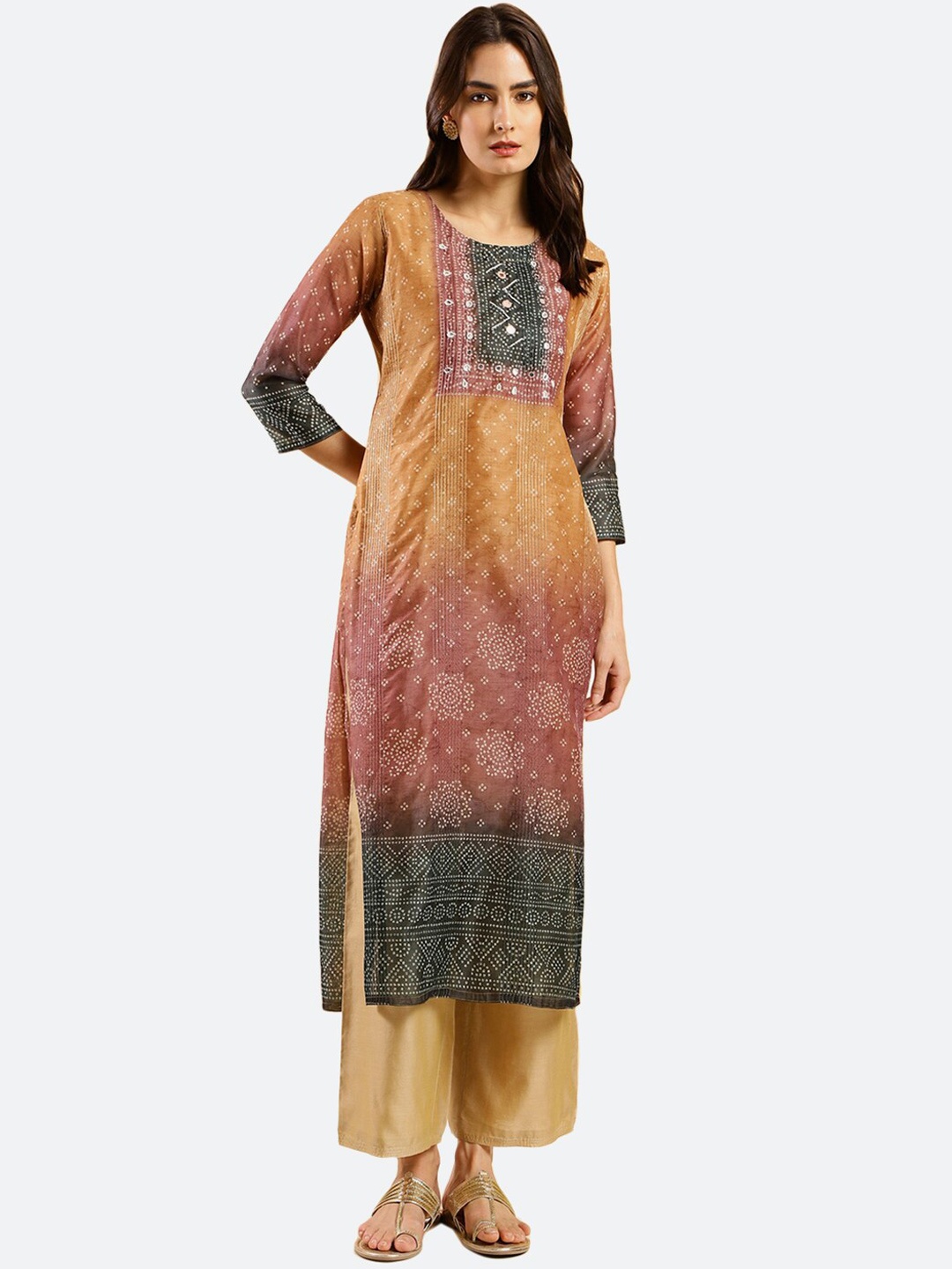 

KALINI Bandhani Printed A-line Kurta, Orange