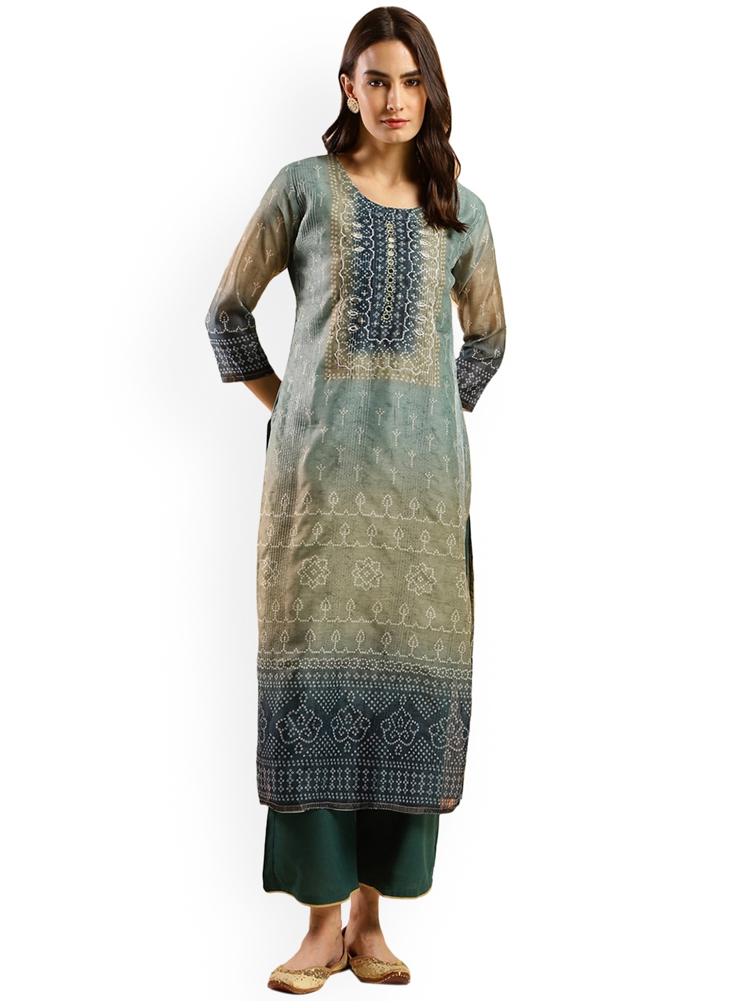 

Nimayaa Bandhani Printed Round Neck A-Line Kurta, Grey