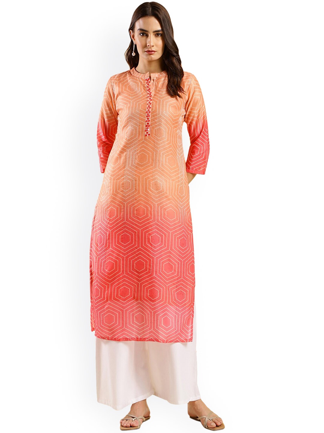 

Nimayaa Geometric Printed Mandarin Collar A-line Kurta, Peach