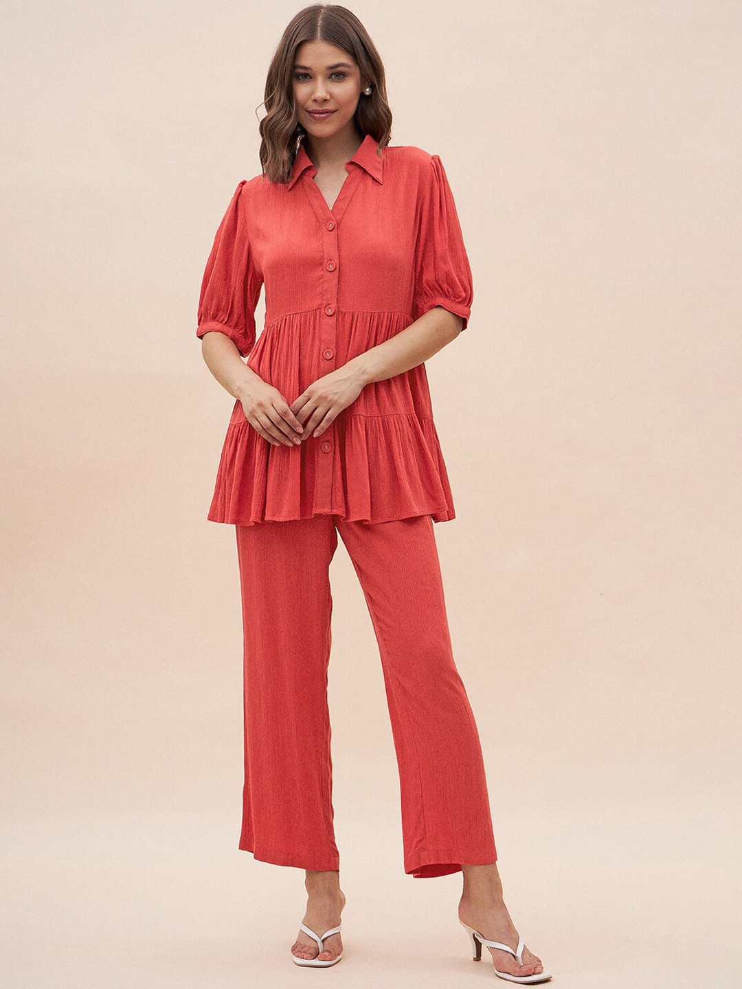 

Femella Shirt Collar Tiered Top & Trousers, Rust
