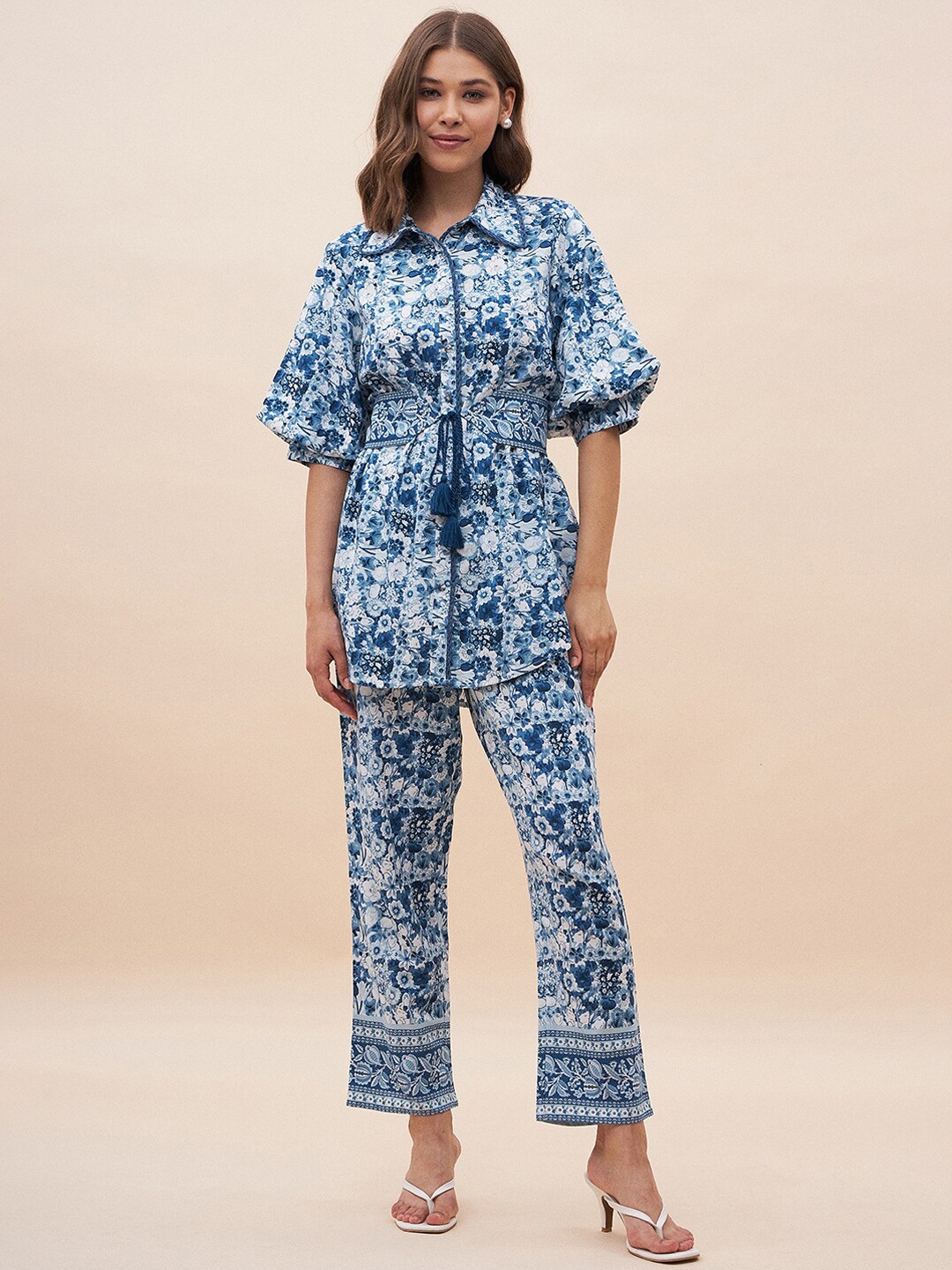 

Femella Floral Printed Shirt Style Top & Trouser, Blue