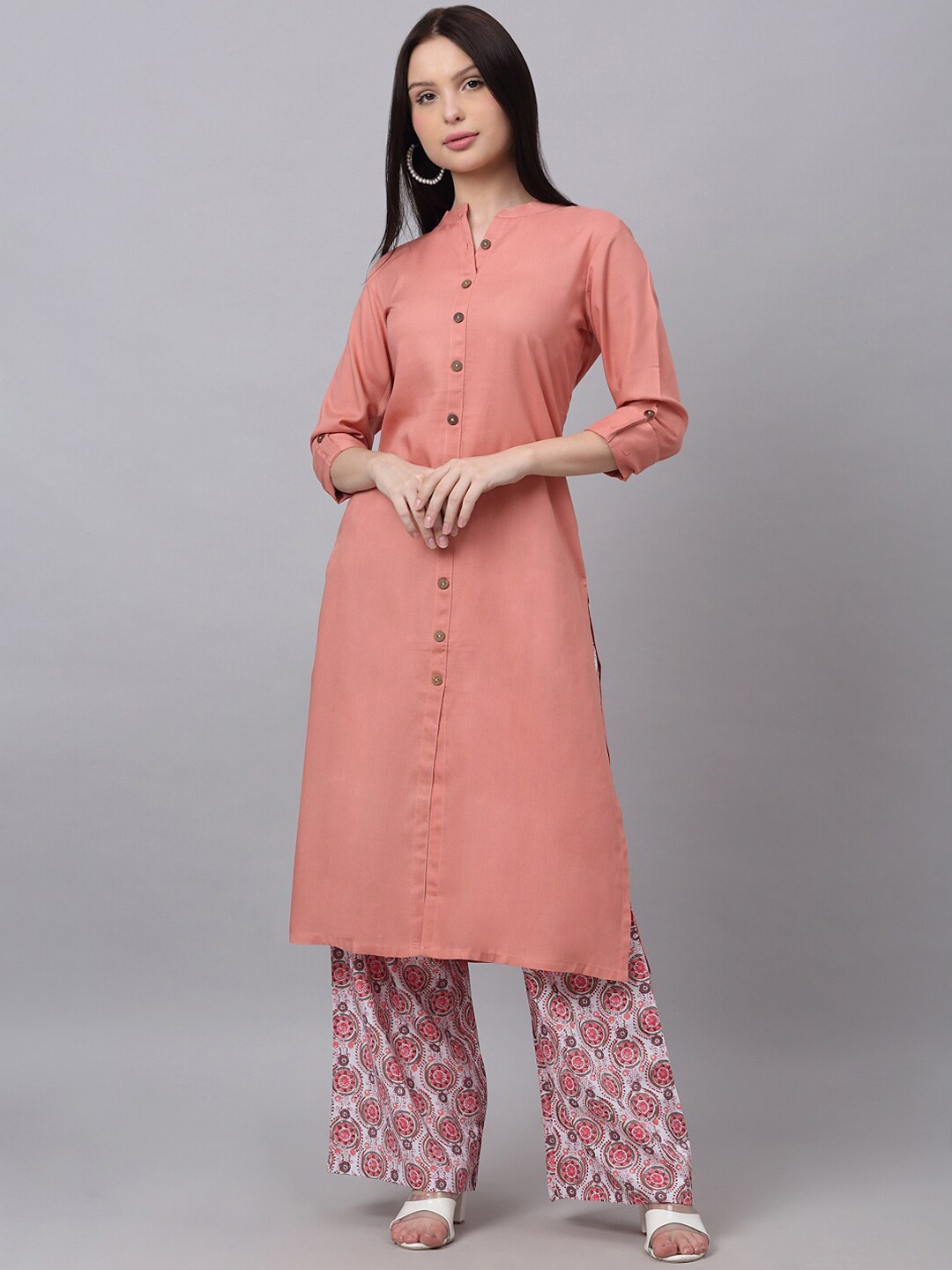 

DORIYA Mandarin Collar Roll-Up Sleeves Straight Kurta With Palazzos, Pink