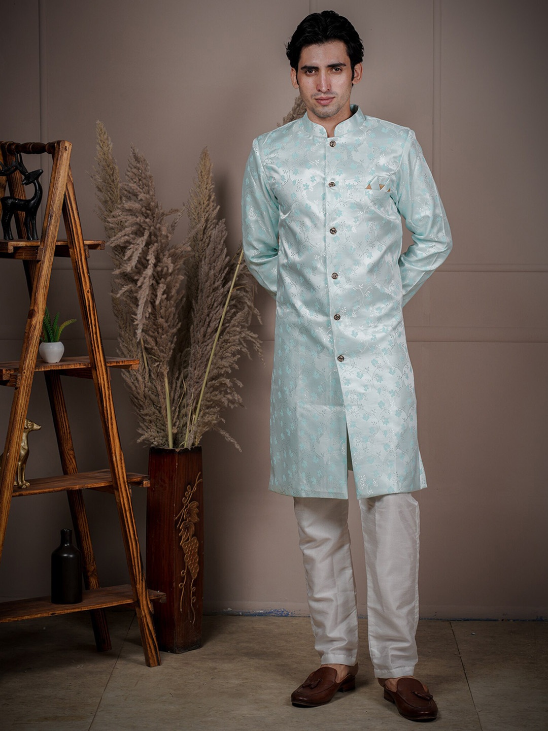 

amzira Floral Woven Design Cotton Sherwani Set, Blue
