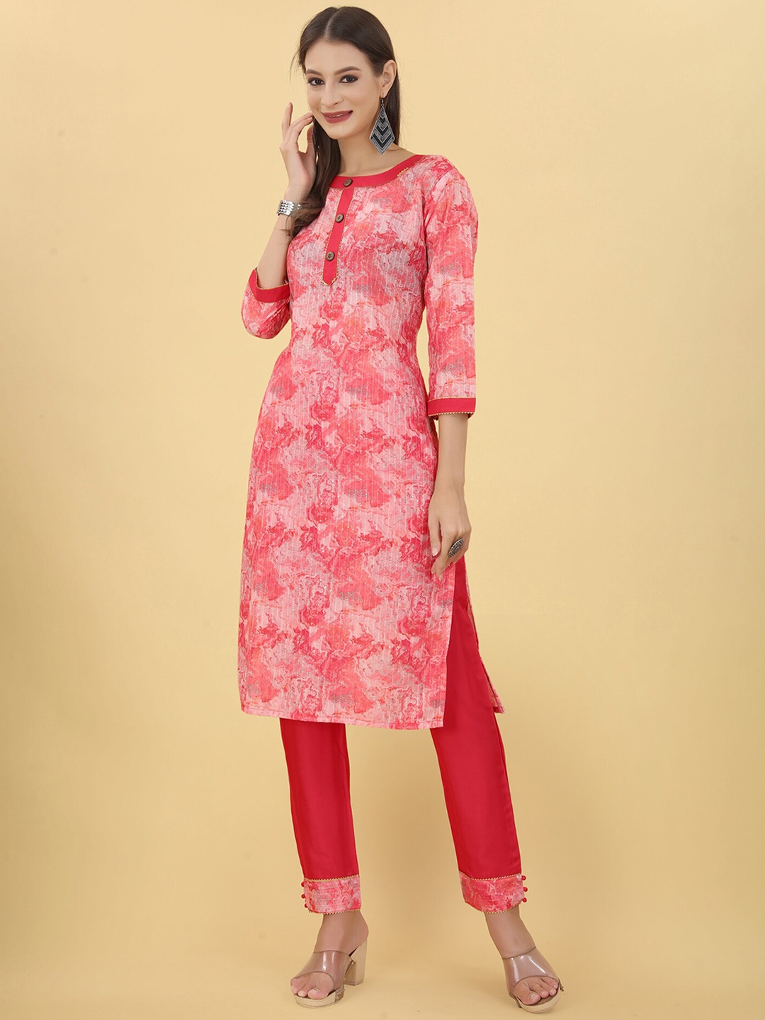 

UNITED LIBERTY Printed Sequined Work Cotton Kurta With Trousers, Pink