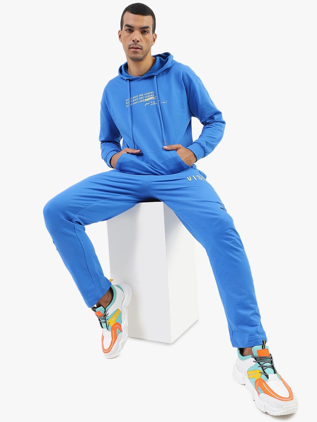 

Virgio Printed Detail Hooded Pure Cotton Sweatshirt With Trousers, Blue