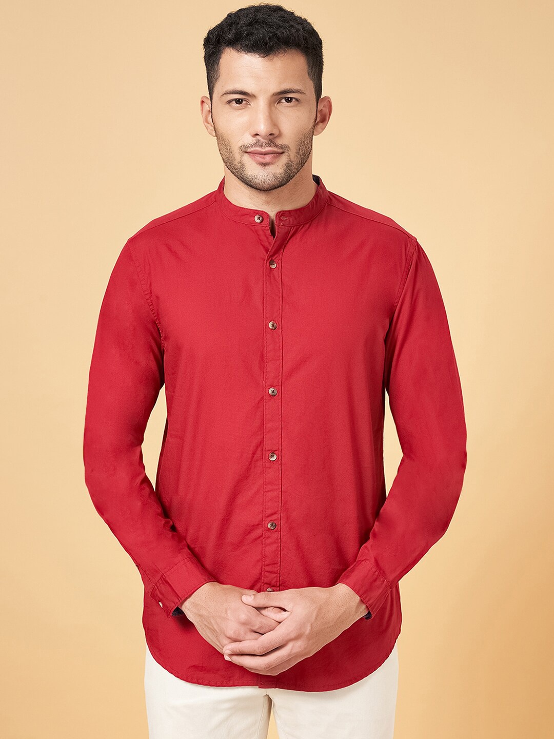 

BYFORD by Pantaloons Slim Fit Band Collar Cotton Casual Shirt, Red