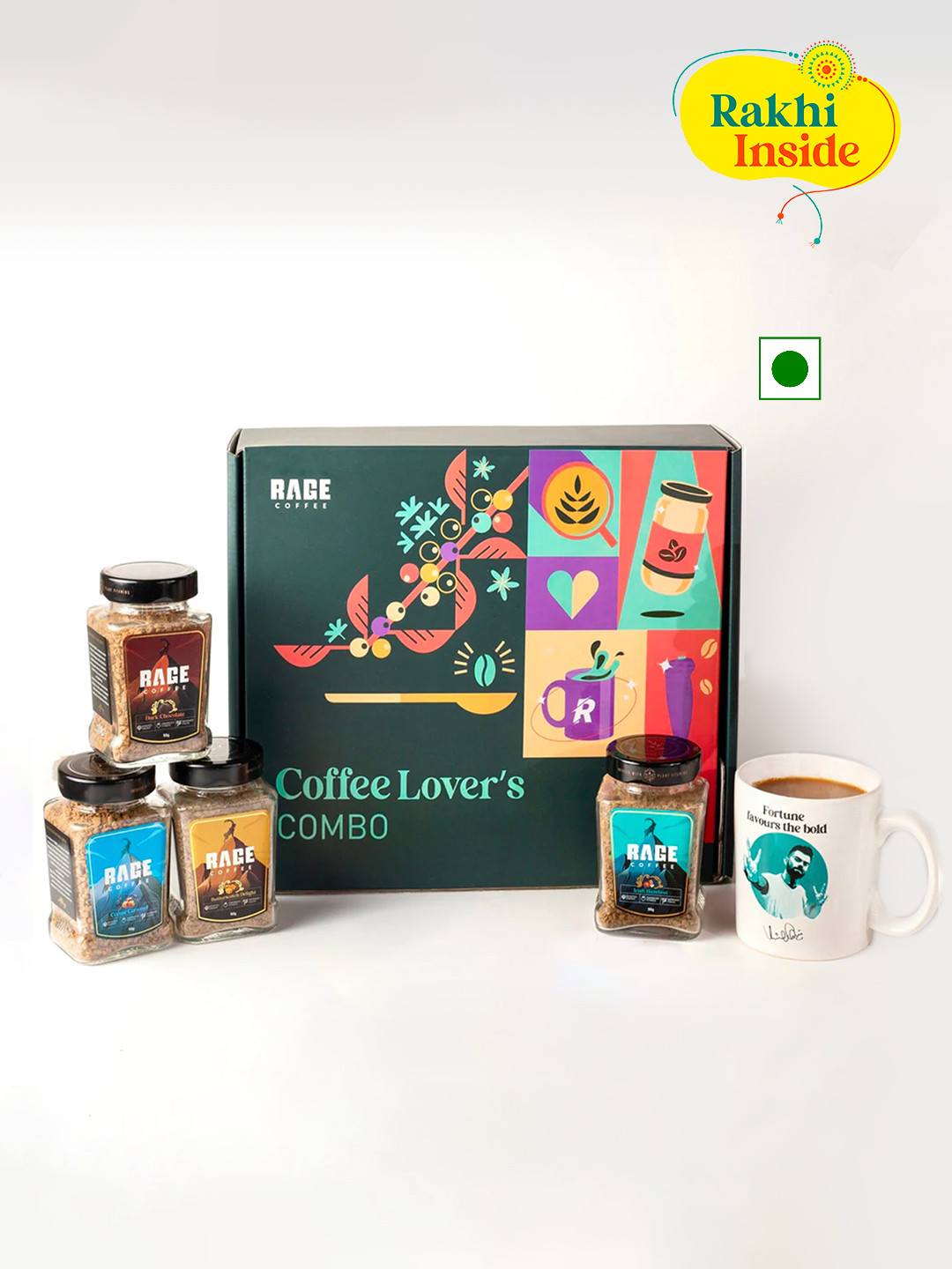 

Rage Coffee Hazelnut, Caramel, Chocolate & Butterscotch Jars 50 g each with Frother & Mug, Brown