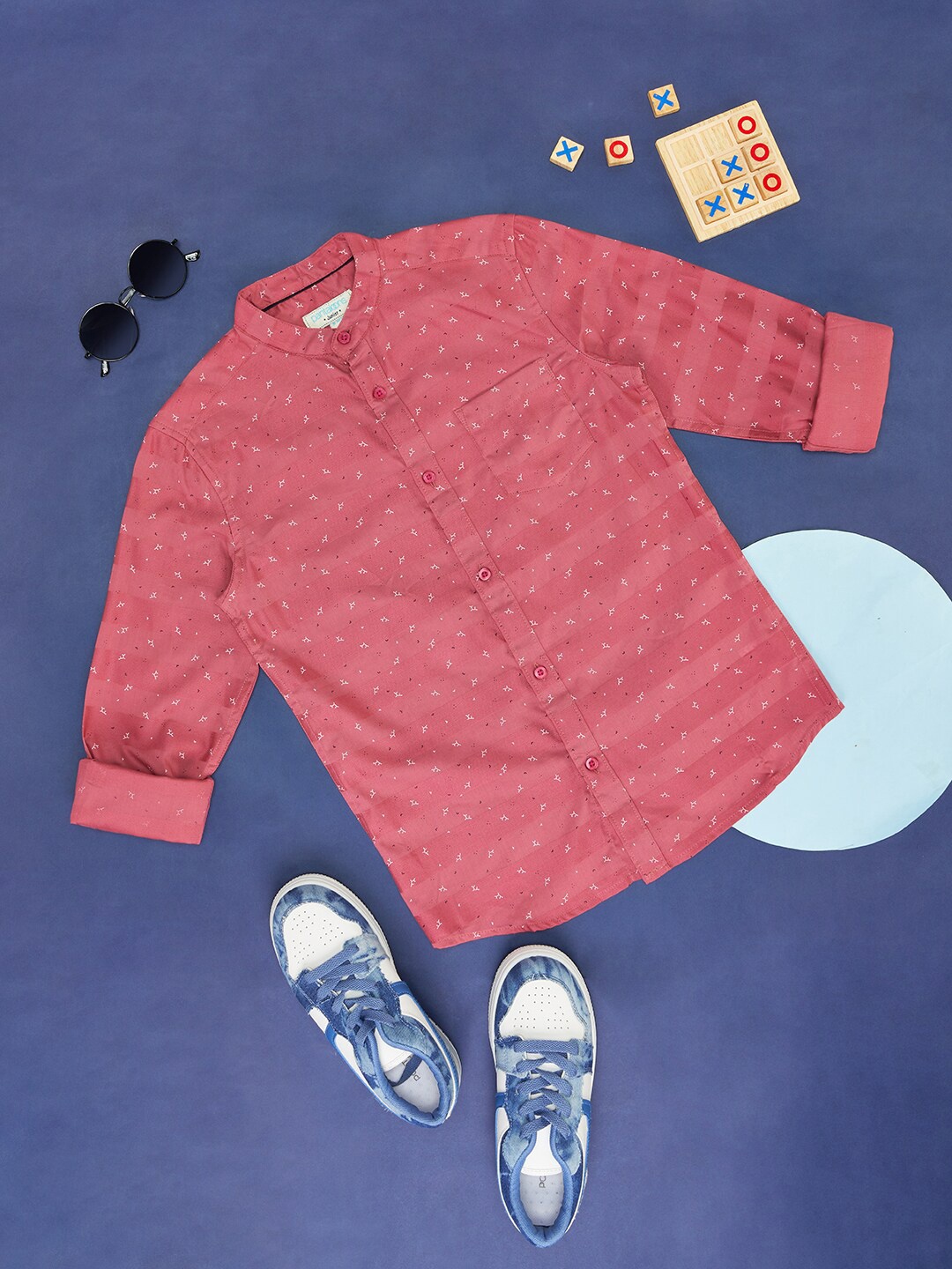 

Pantaloons Junior Boys Micro Ditsy Printed Band Collar Pocket Cotton Casual Shirt, Coral