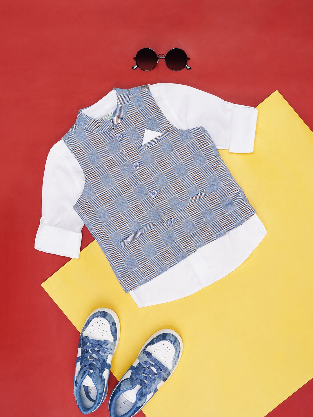 

Pantaloons Junior Boys Band Collar Long Sleeve Cotton Casual Shirt With Jacket, White