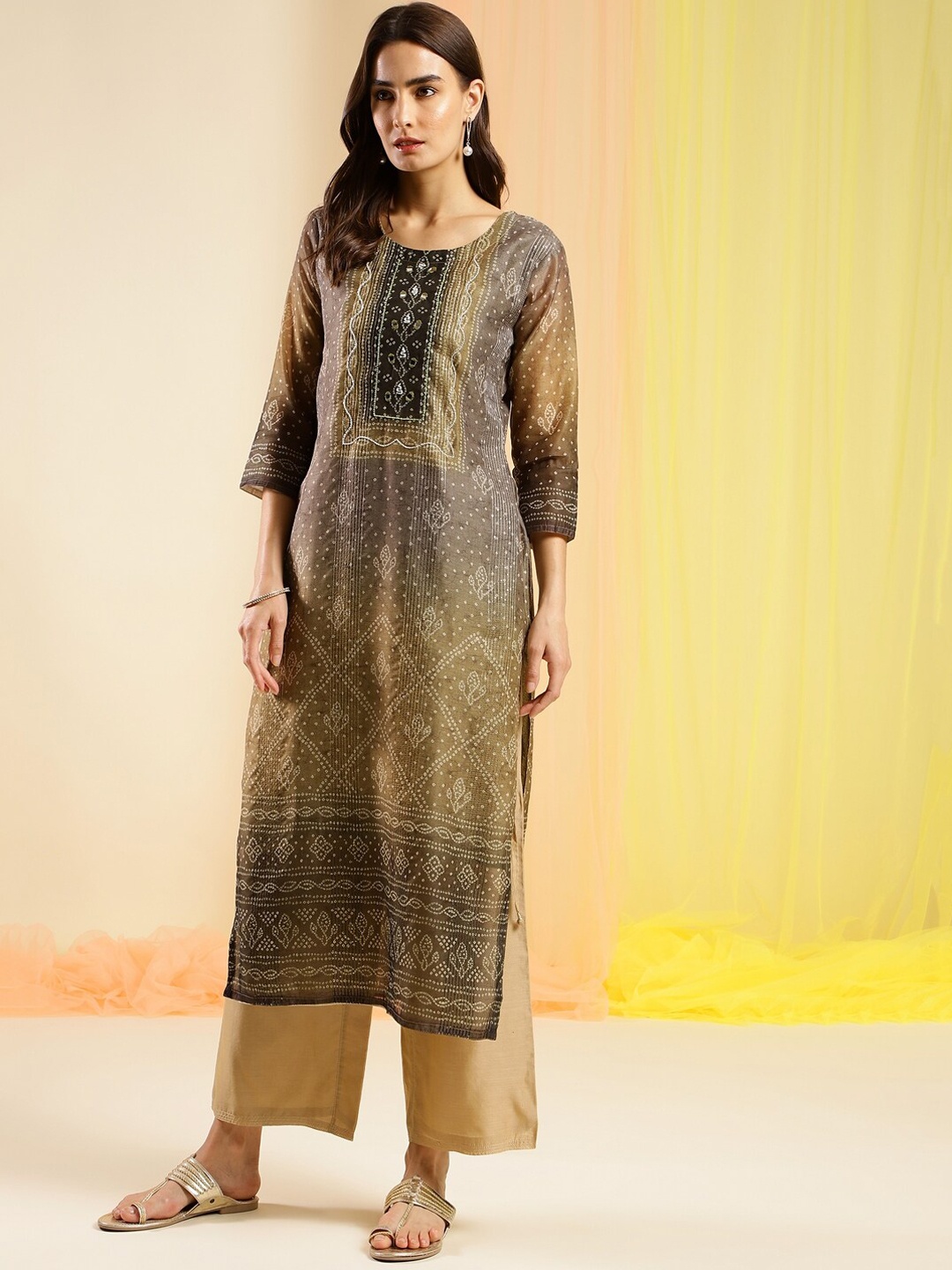 

Sangria Bandhani Printed Straight Kurta, Brown