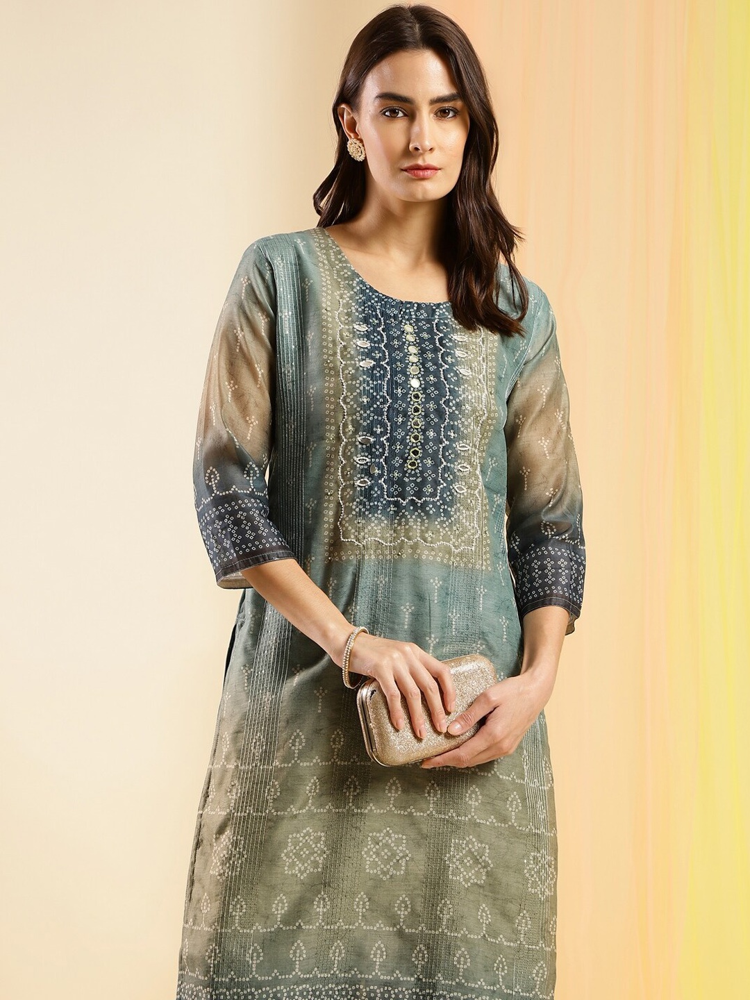 

Sangria Bandhani Printed Mirror Work Straight Kurta, Blue