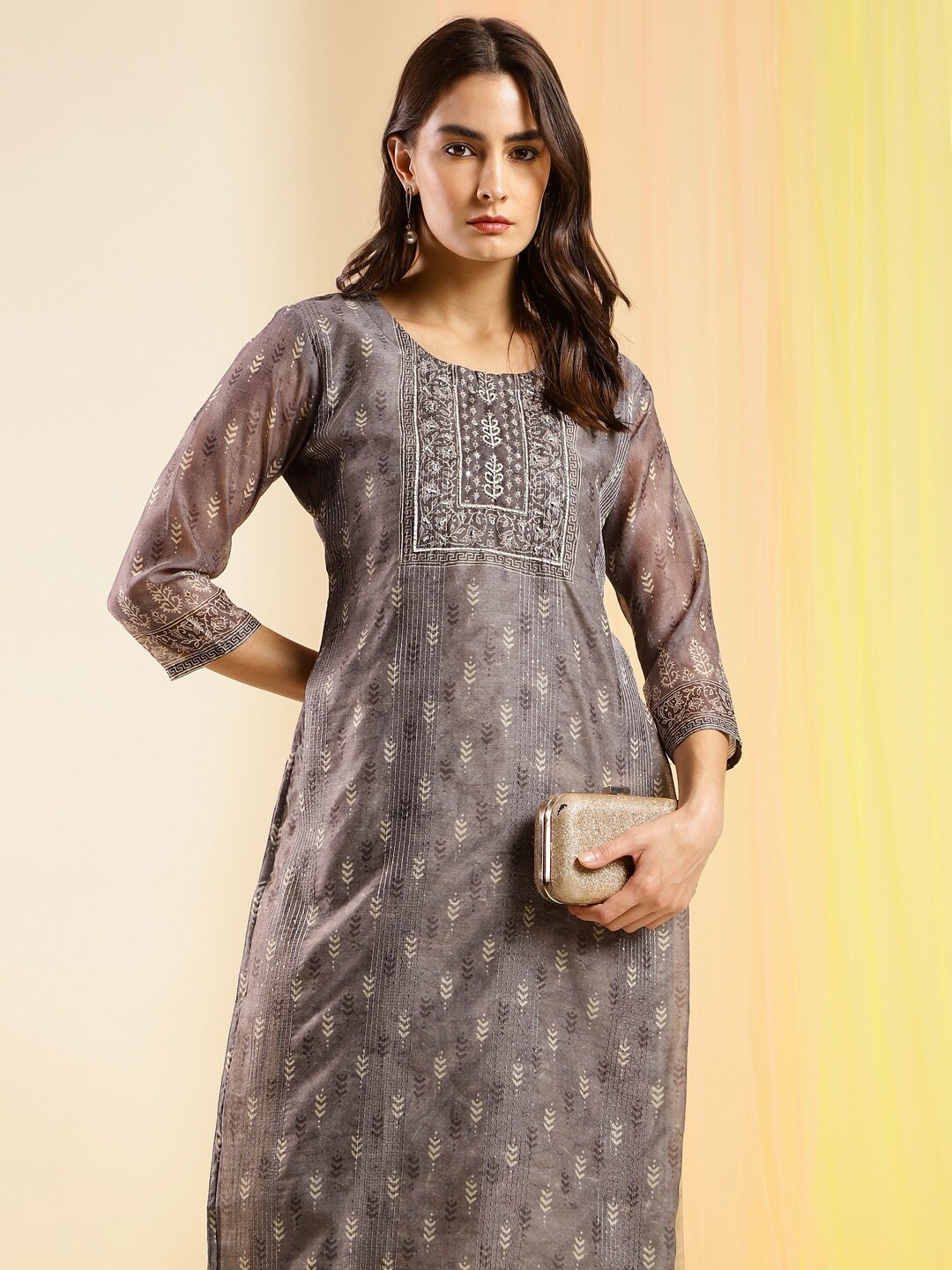 

Sangria Grey Ethnic Motifs Printed Beaded Straight Kurta