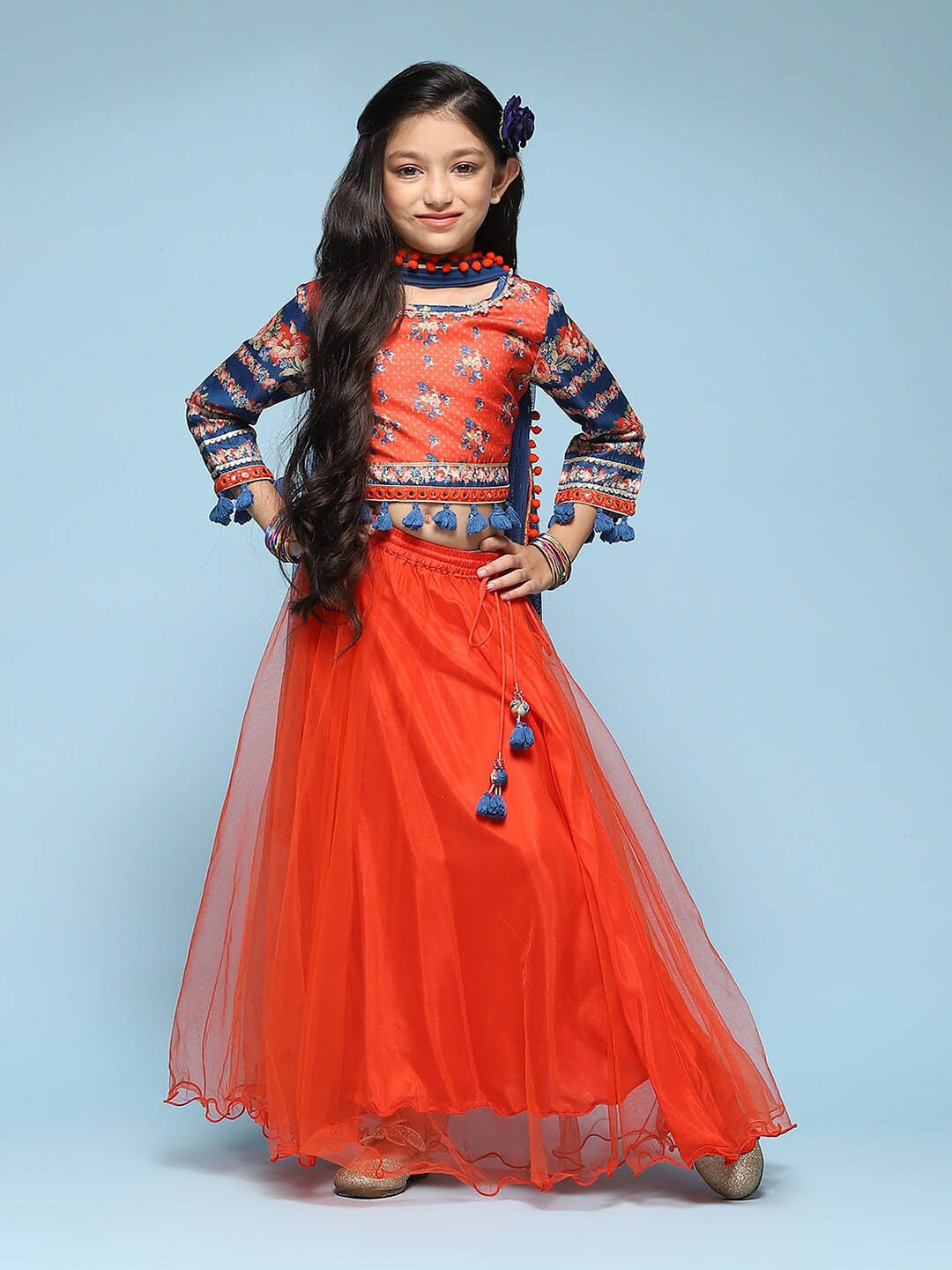 

Biba Girls Floral Printed Ready to Wear Lehenga & Blouse With Dupatta, Red