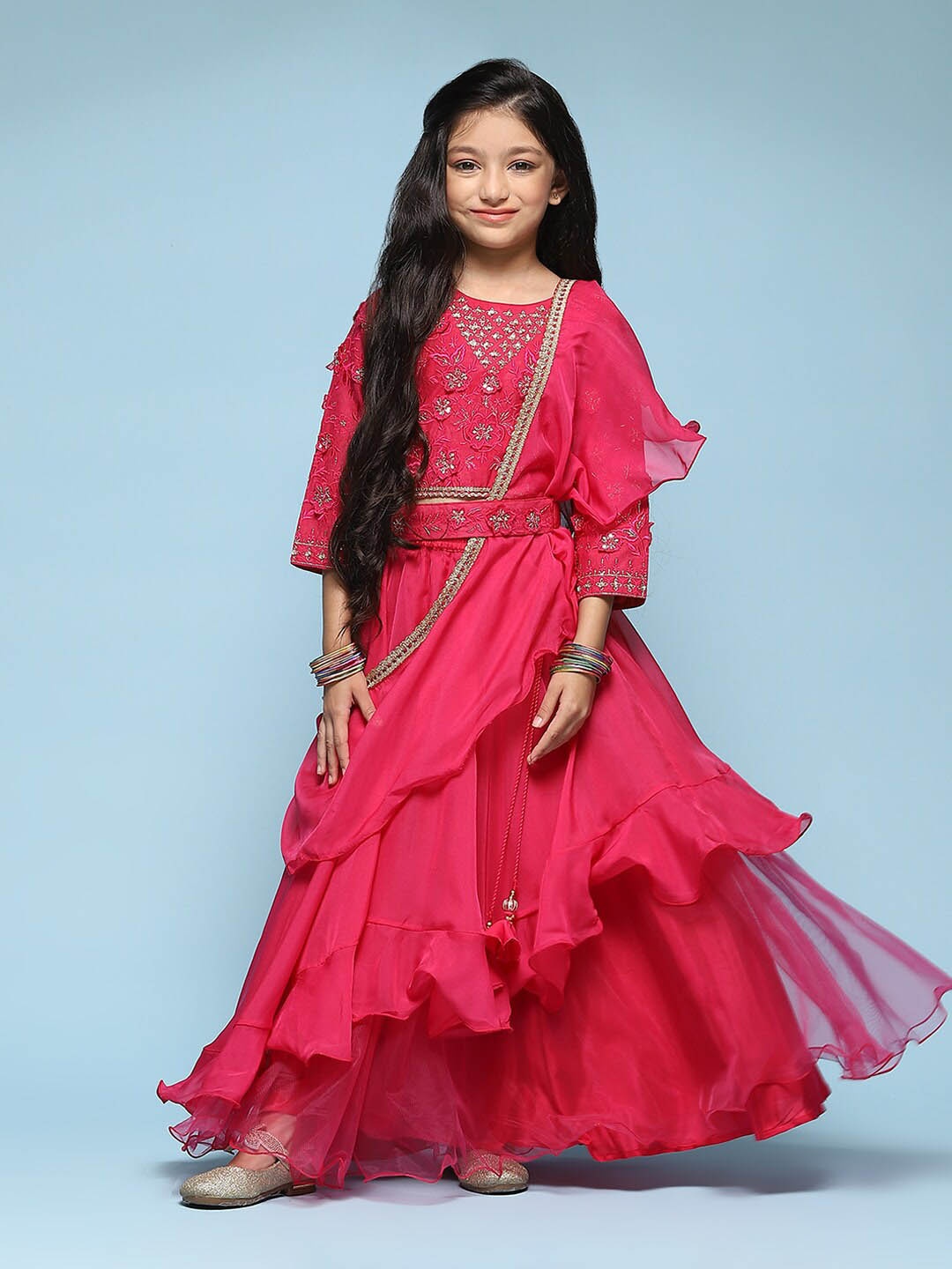 

Biba Girls Embroidered Thread Work Ready to Wear Lehenga & Blouse, Pink