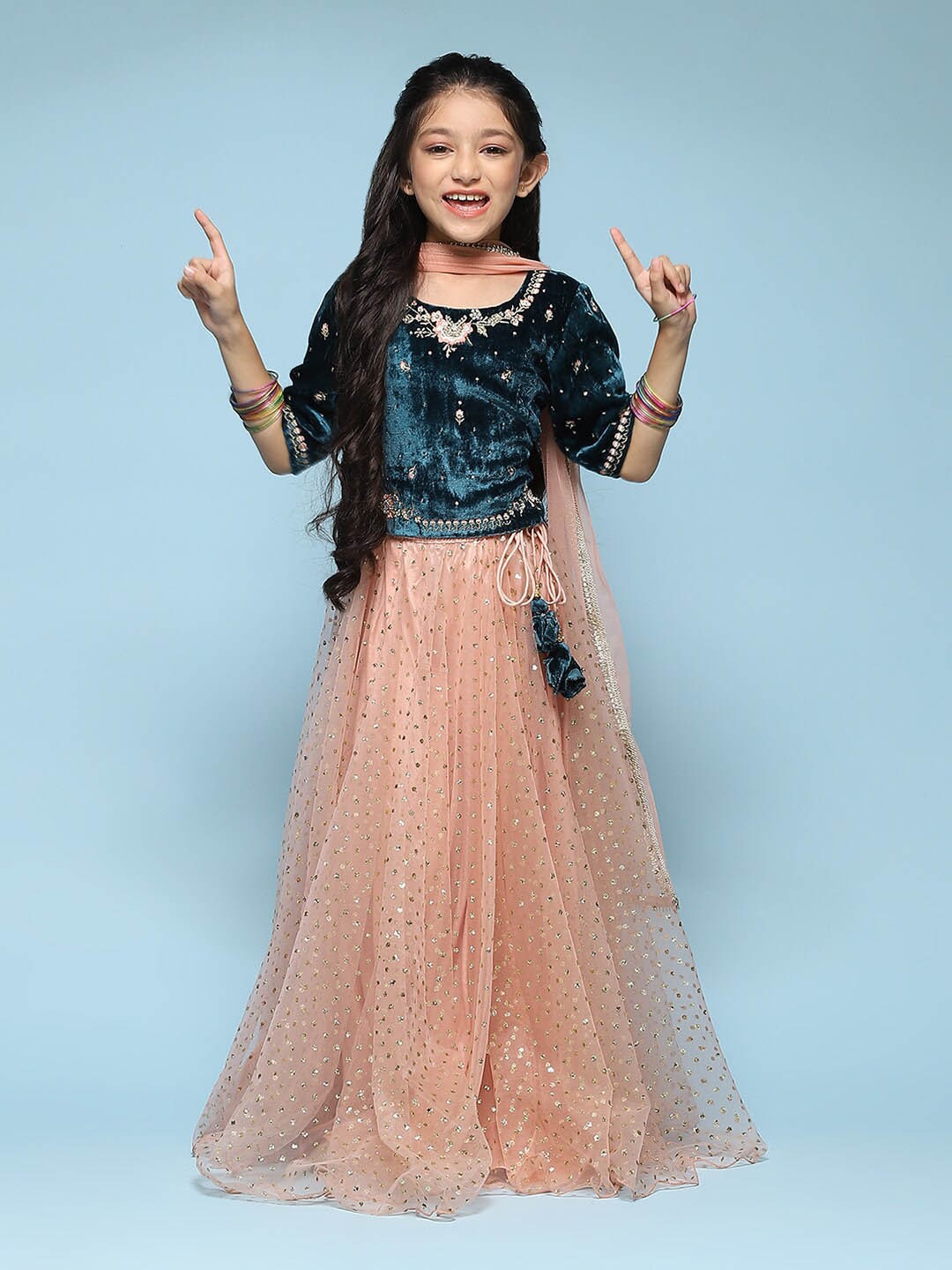 

Biba Girls Embroidered Ready to Wear Lehenga & Blouse With Dupatta, Teal