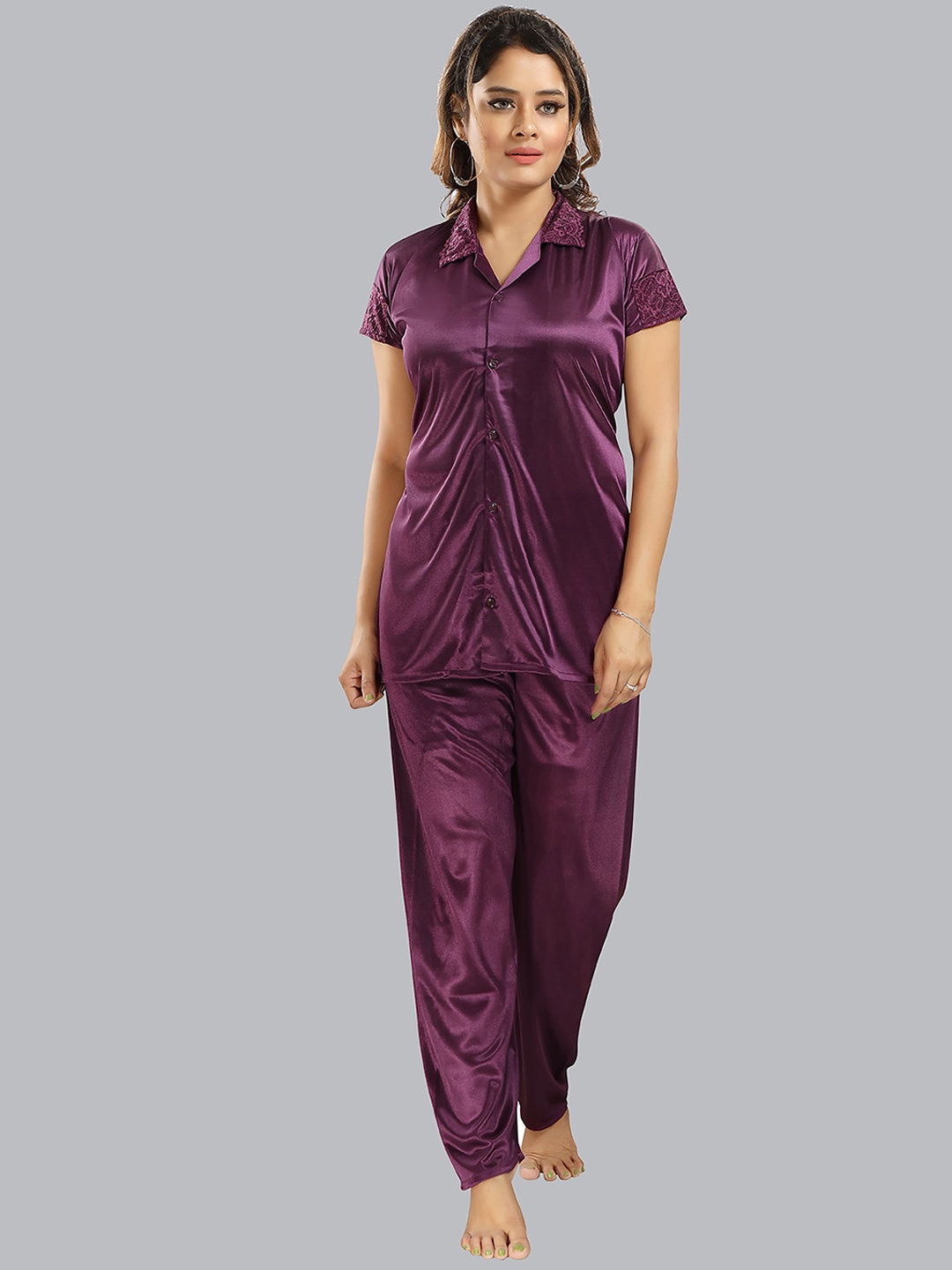 

FOMTI Shirt Collar Short Sleeve Satin Shirt & Pyjamas, Purple