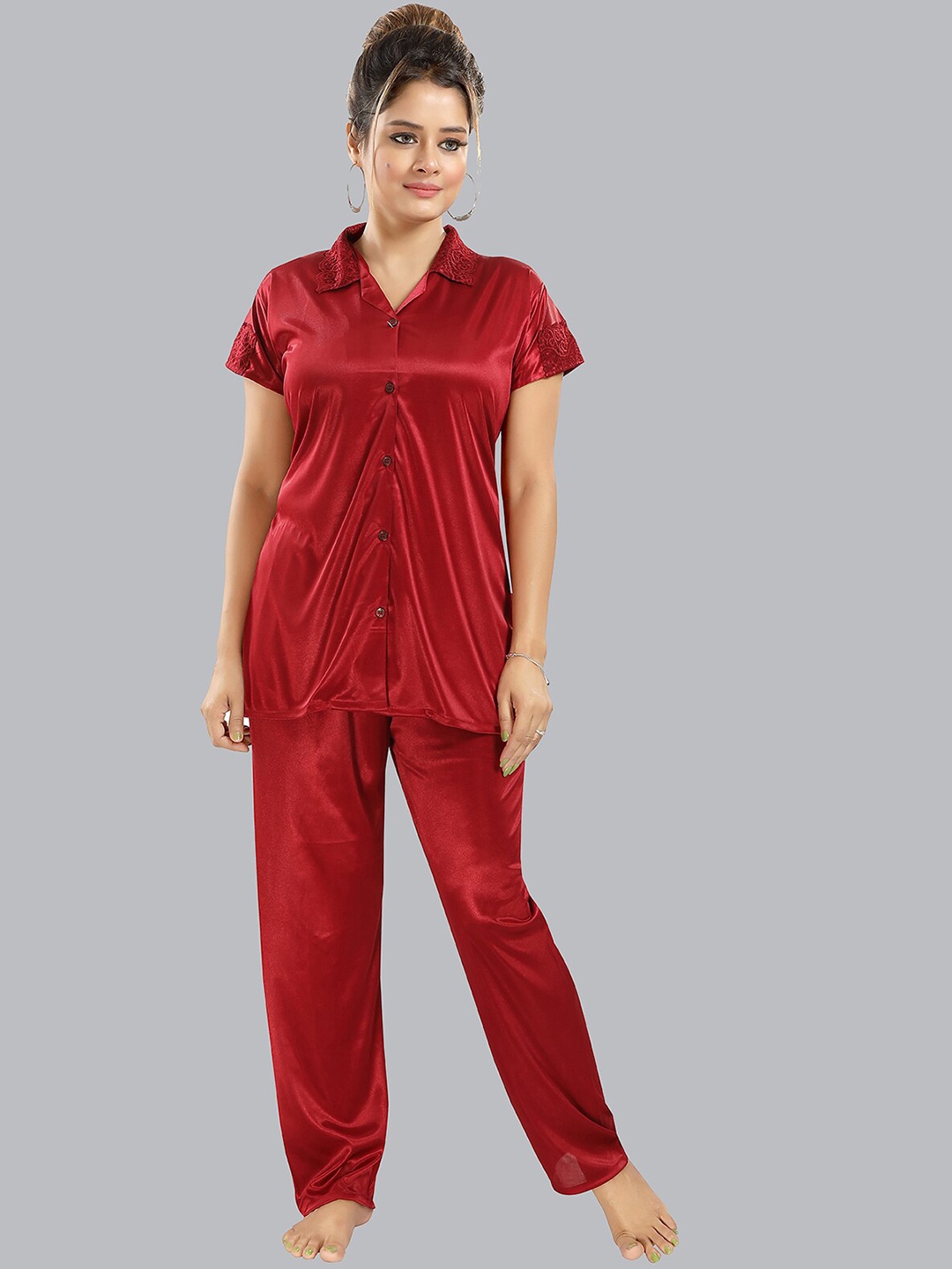 

FOMTI Shirt Collar Short Sleeve Satin Shirt & Pyjamas, Maroon