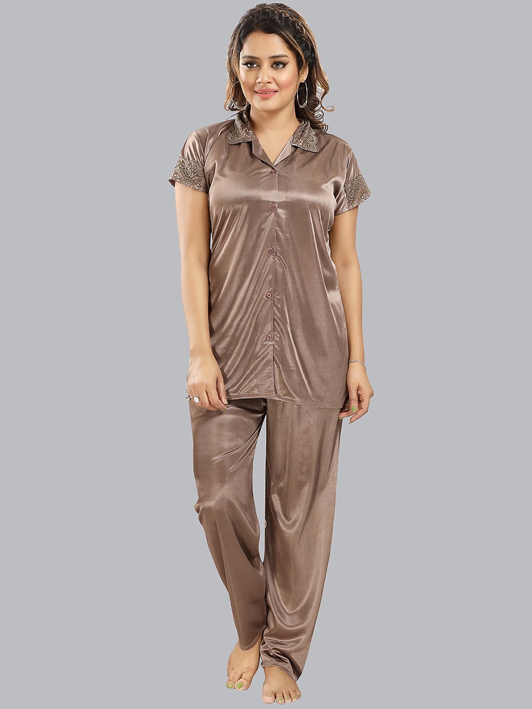 

FOMTI Shirt Collar Short Sleeve Satin Shirt & Pyjamas, Brown