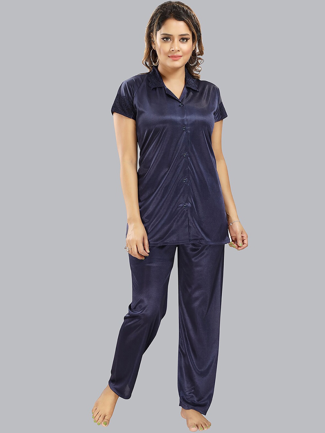 

FOMTI Lapel Collar Satin Shirt & Pyjamas Night suit, Navy blue
