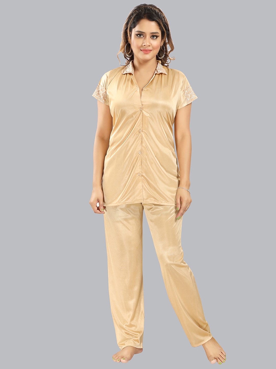 

FOMTI Lapel Collar Shirt & Pyjamas Night suit, Beige