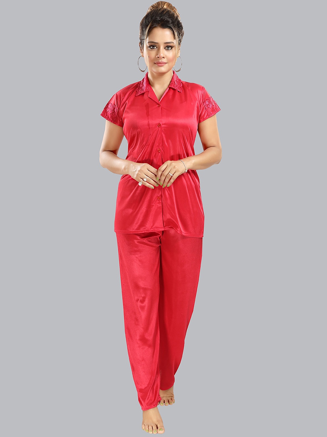

FOMTI Lapel Collar Shirt & Pyjamas Night suit, Magenta