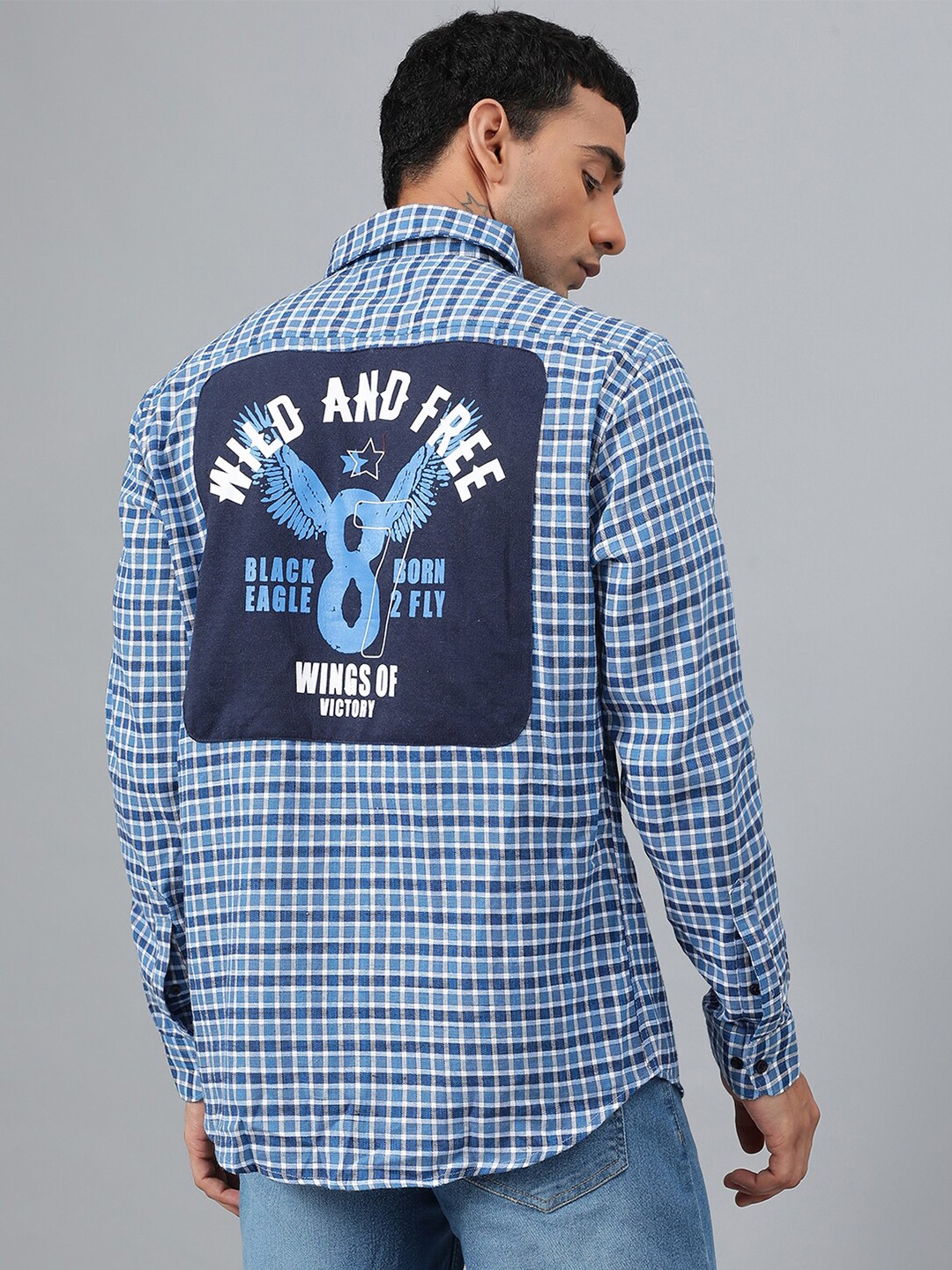 

FTX Gingham Checks Spread Collar Pure Cotton Casual Shirt, Blue