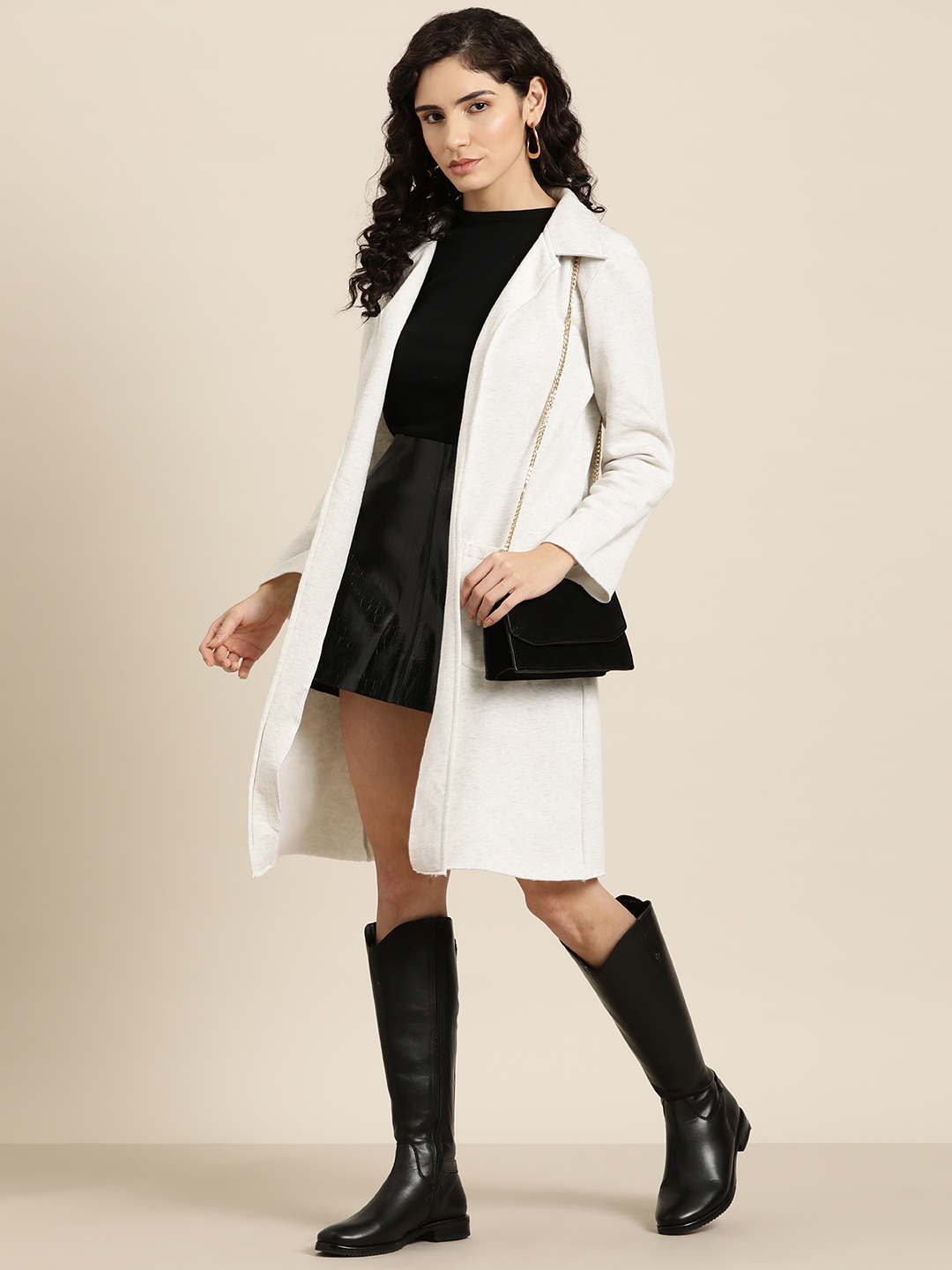 

Qurvii Women Fleece Open Front Longline Overcoat, White