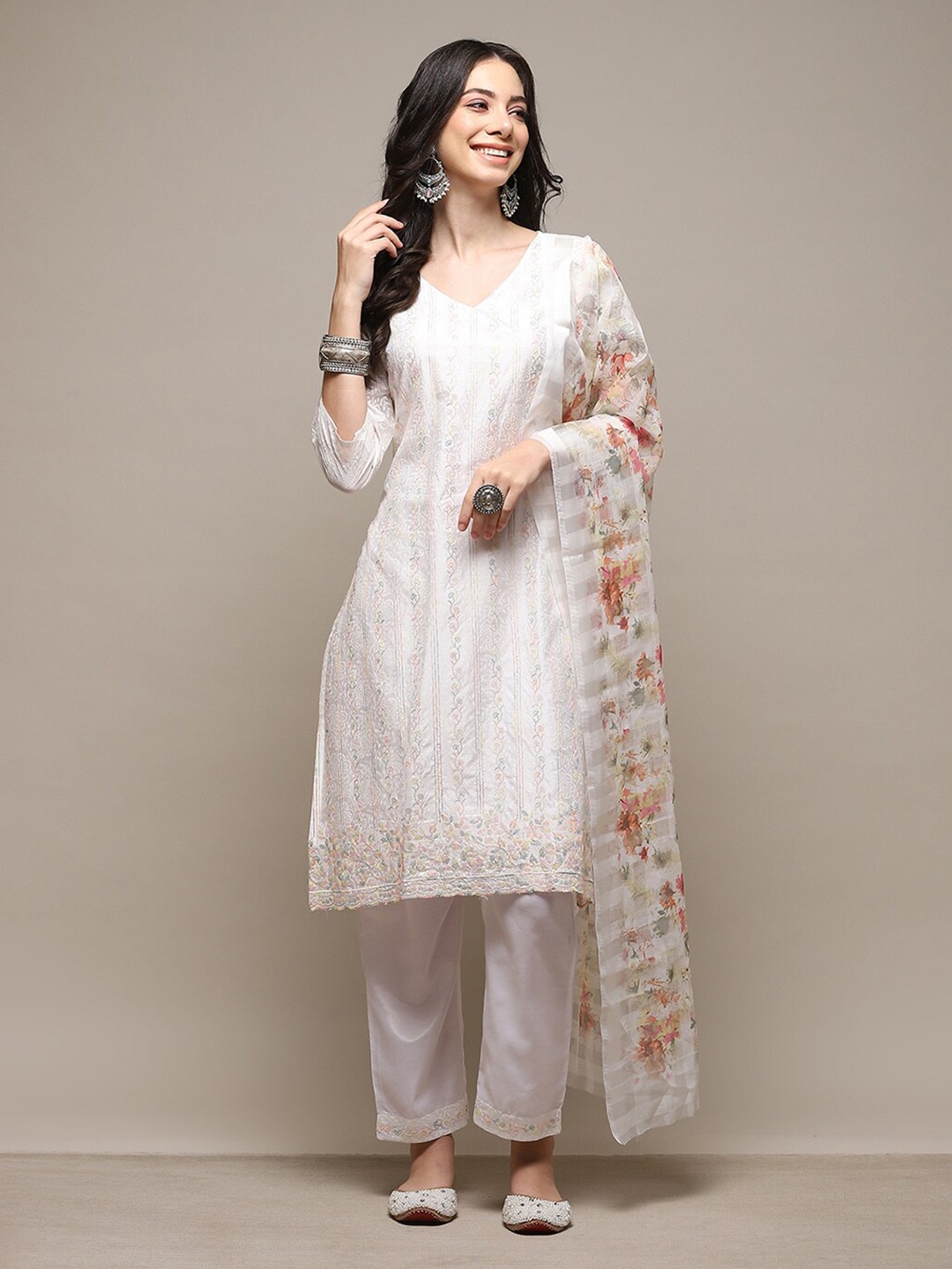 

Biba Floral Print Unstitched Dress Material, White