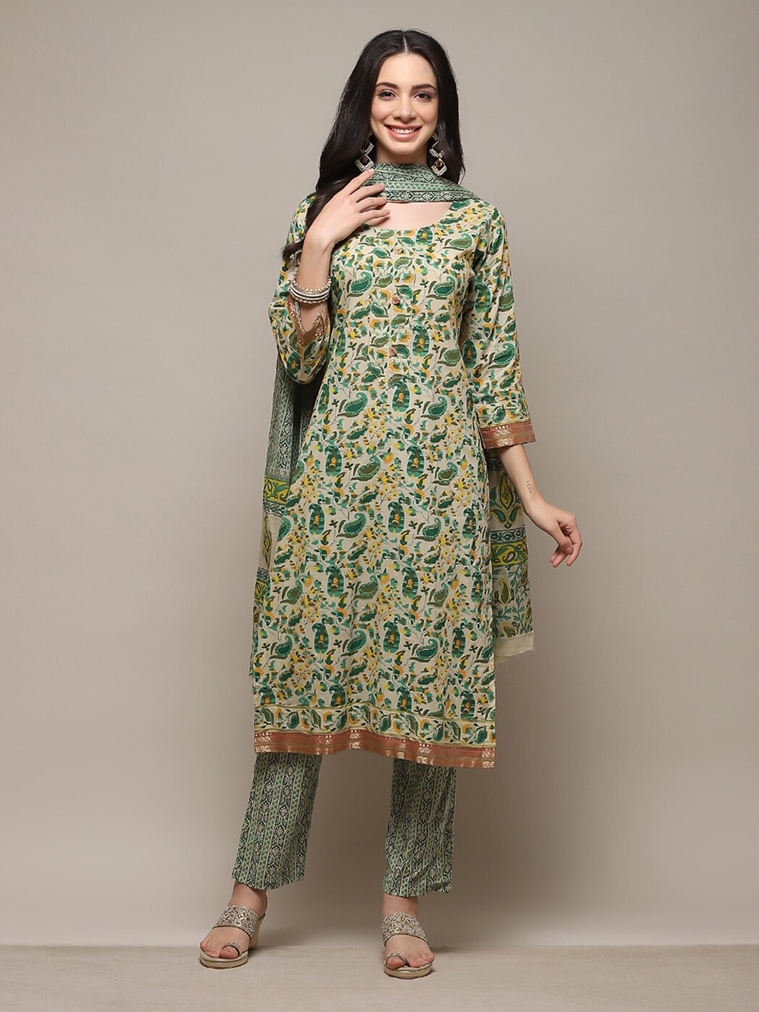 

Biba Paisley Printed Unstitched Dress Material, Green