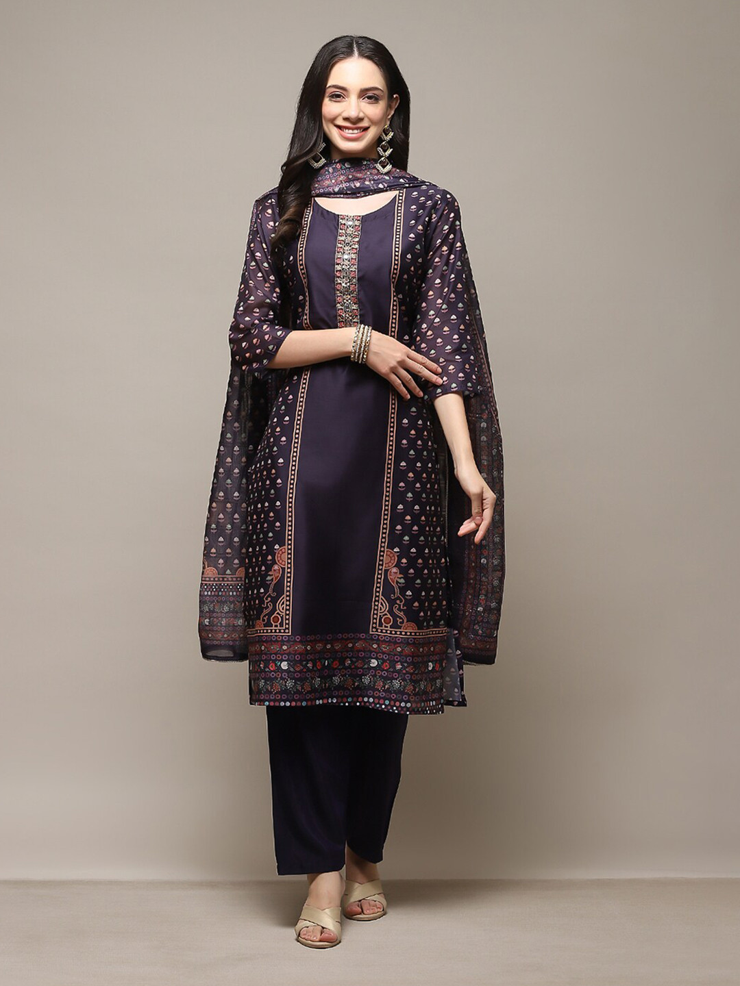 

Biba Printed Unstitched Dress Material, Navy blue