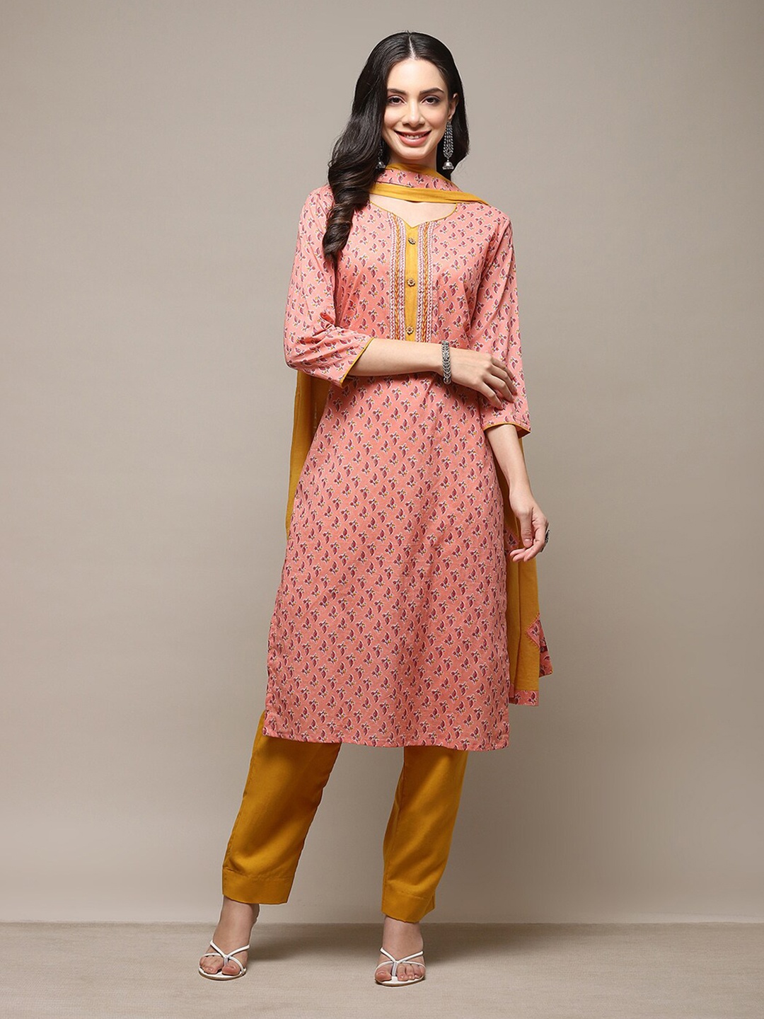 

Biba Ethnic Motifs Printed Unstitched Dress Material, Peach